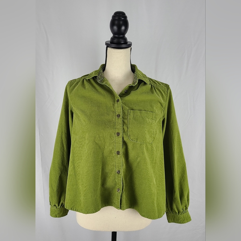 Anthropologie Pilcro Sigourney Courduroy Green Button-Up Top, Size XXS